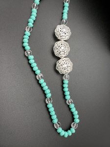Carved Turquoise Necklace with Clear Quartz and 3 Silver Flower Net Beads