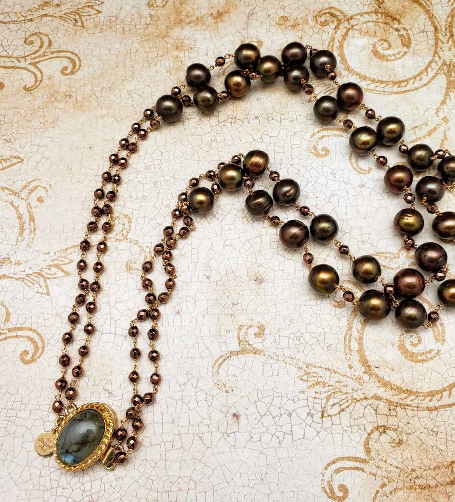Copper Hematite and Chocolate Cultured Freshwater Pearl Necklace Aum