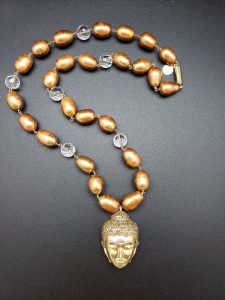 Baroque Pearl, Faceted Clear Quartz Necklace with Inlaid Tourmaline Buddha Pendant