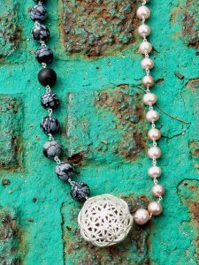 Snowflake Obsidian and Pearl Necklace With Sterling Silver Festoon