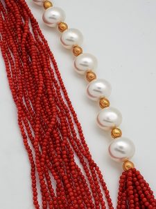 Red Coral, Pearl and 24K Gold Foil Bead Necklace