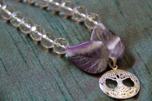 Faceted Clear Quartz with Amethyst Leaves Necklace with Tree of Life Pendant