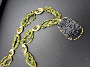 Four-strand Peridot and 24K Gold Foil Oval Bead Necklace with Black Agate Dragon Pendant