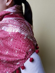 Garnet/Off-White Indian Print, Garnet Pom Poms