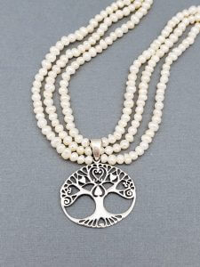 Three-strand Pearl Necklace with Sterling Silver Tree of Life Pendant