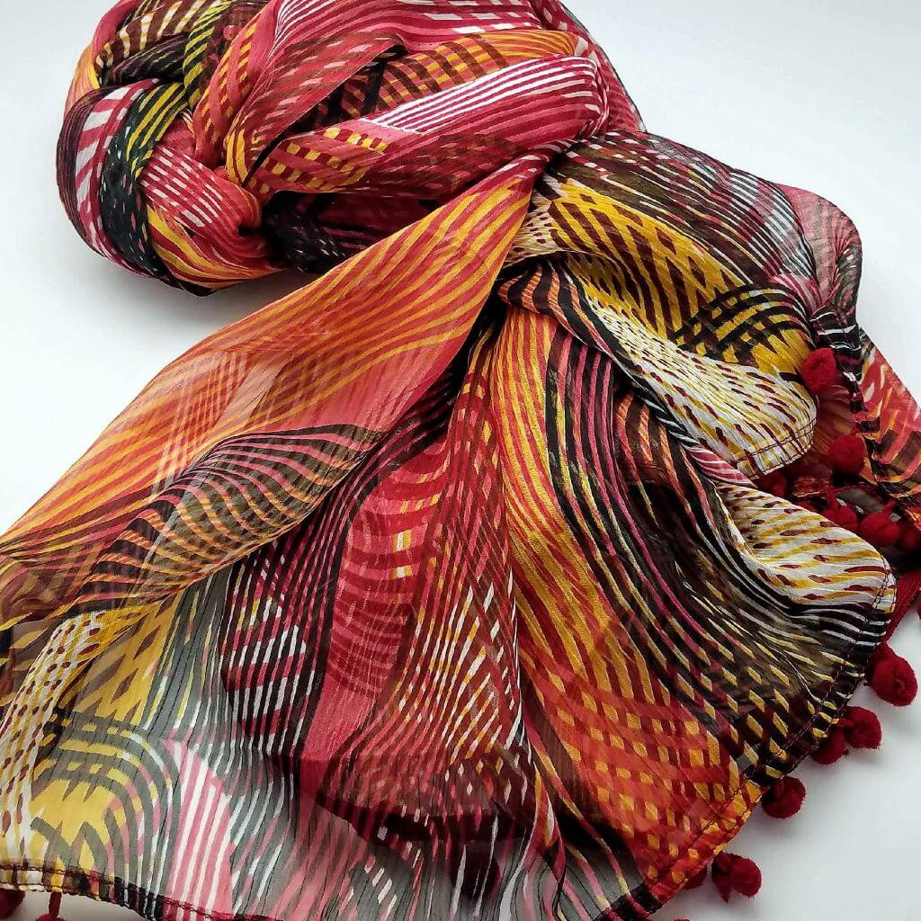 Red, Gold, Orange,Brown, Black Swirl Print, Pom Poms