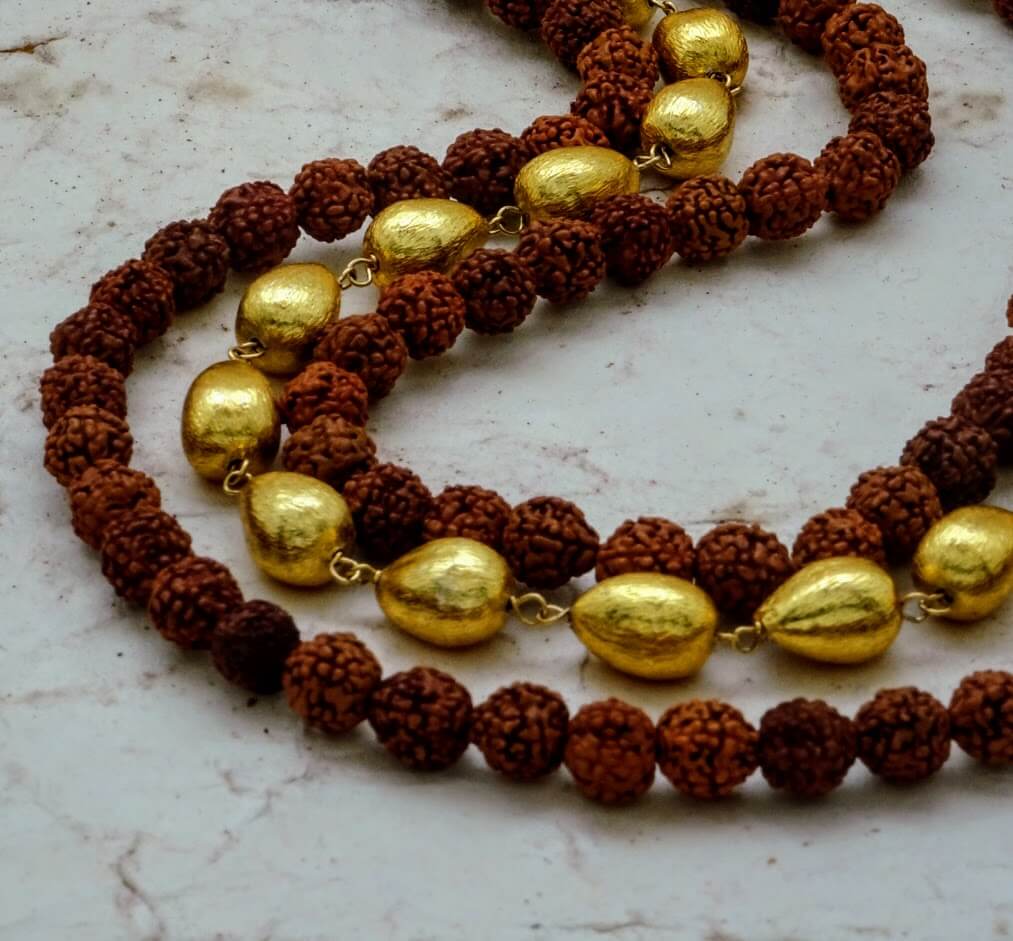 Three-strand Tiered Rudraksha and Gold Foil Bead Necklace - Aum Sacred Art