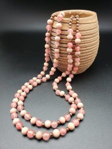 Two-strand Rosewood, Pink Chalcedony and Copper Necklace