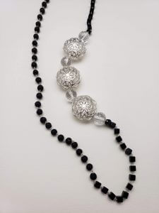 Obsidian and Black Lava Knotted Sterling Silver Necklace with Sterling Silver Festoons