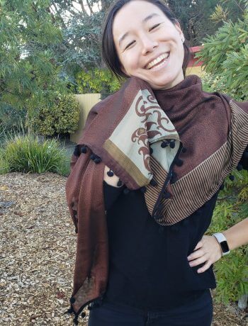 Olive and Brown Scarf, Black Pom Poms
