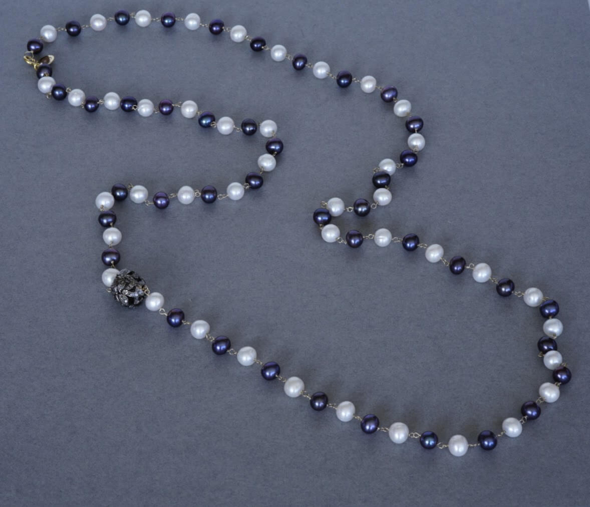 Blue and white pearls with black diamonds necklace