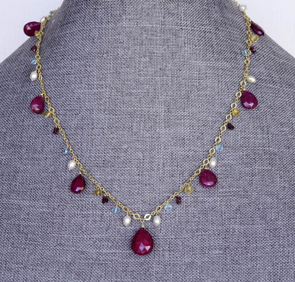 Ruby, Pearl, Aquamarine and Citrine Necklace - healing gemstone jewelry