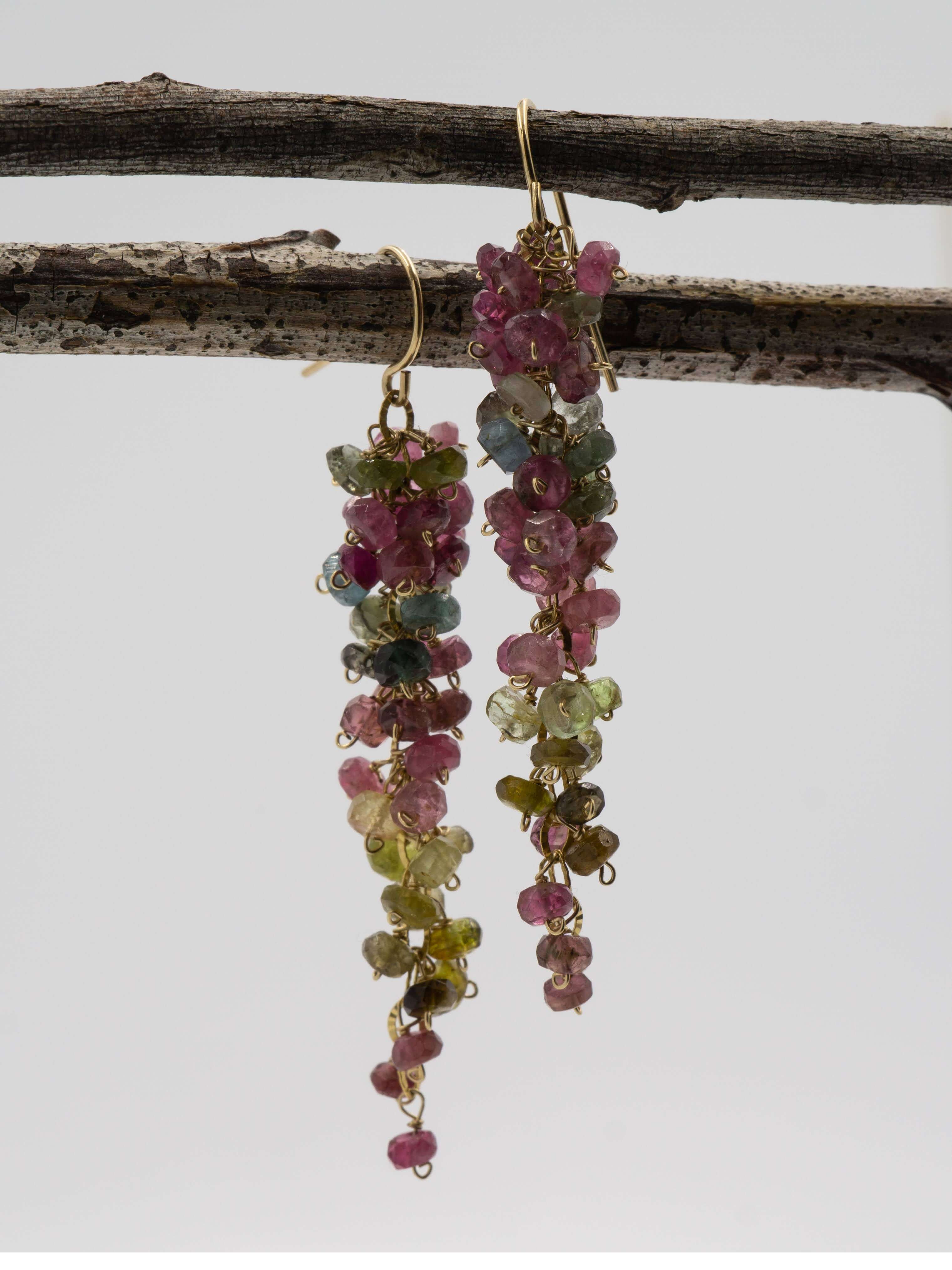 Watermelon Tourmaline Grape Cluster Earrings on display