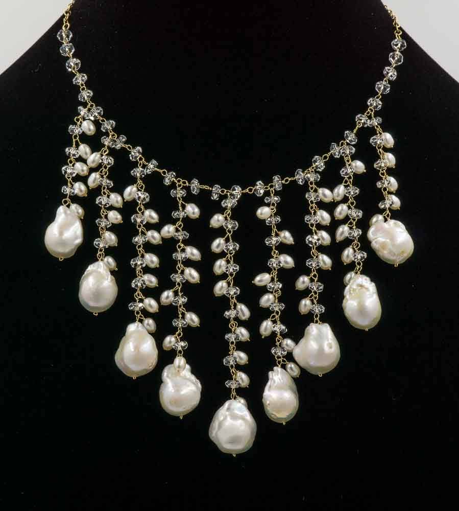 Baroque Akoya Pearls and Herkimer Diamond Empress Style Necklace