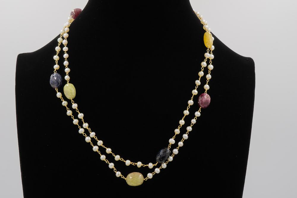 Multi-color Sapphire and Pearl Necklace