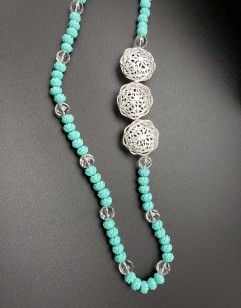 Carved Turquoise Necklace with Clear Quartz and 3 Silver Flower Net Beads