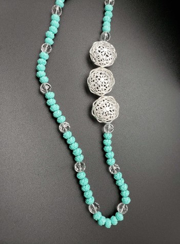 Carved Turquoise Necklace with Clear Quartz and Three Silver Flower Net Beads