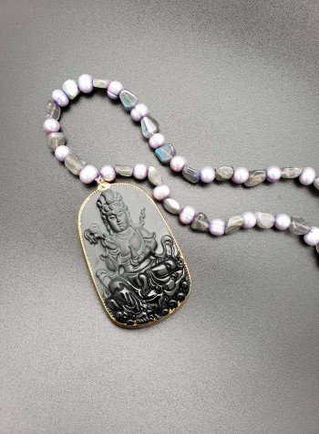 Labradorite and Pearl Necklace with Black Agate Quan Yin Pendant