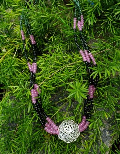 Green Tourmaline and Pink Sapphire 3-Strand Necklace with Sterling Silver Festoon