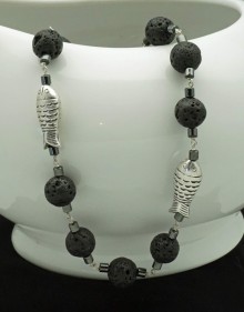 Black Lava, Hematite, Sterling Silver Fish Necklace