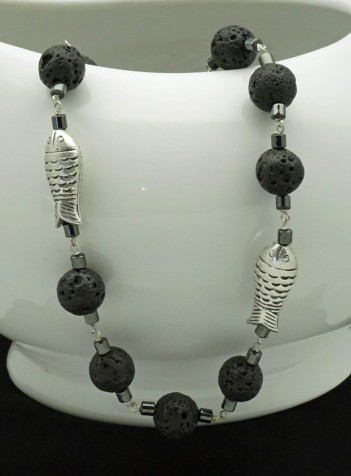 Black Lava, Hematite, Sterling Silver Fish Necklace