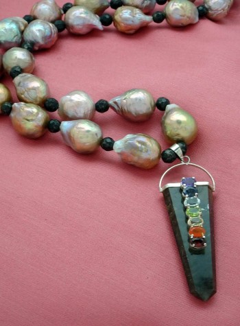 Yangtze Delta Fireball Cultured Pearls and Healer’s Gold Necklace with Tourmaline Chakra Stone Pendant
