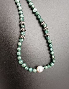 Peacock Green Pearl, Mauve Fireball Pearl and Sterling Silver Necklace