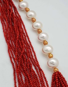 Red Coral, Pearl and 24K Gold Foil Bead Necklace