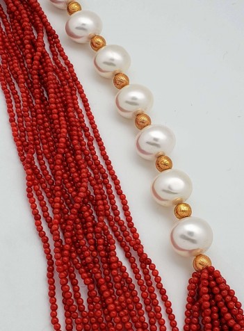 15 – Strand Red Coral, Pearl and 24K Gold Foil Bead Necklace