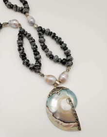 Mystic Merlinite and Pearl Necklace with Mother of Pearl Nautilus Pendant