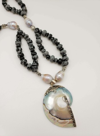 Mystic Merlinite and Pearl Necklace with Mother of Pearl Nautilus Pendant