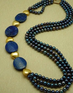 Three -strands, peacock cultured freshwater pearls, lapis and 24 K gold foil necklace