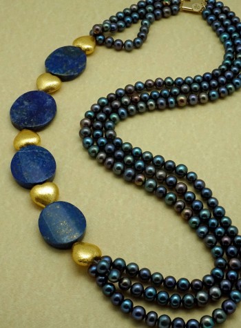 Three-strand Blue Cultured Freshwater Pearls, Lapis Lazuli and 24 K Gold Foil Necklace