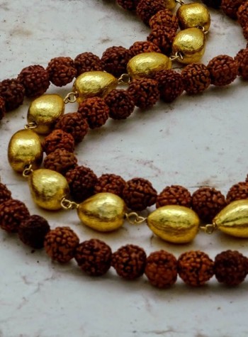 Three-strand Tiered Rudraksha and Gold Foil Bead Necklace