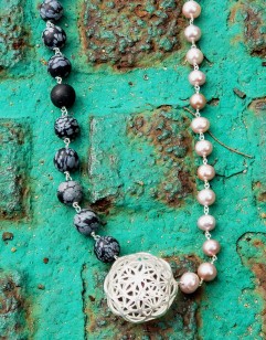 Snowflake Obsidian and Pearl Necklace With Sterling Silver Festoon