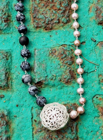 Snowflake Obsidian and Pearl Necklace With Sterling Silver Festoon