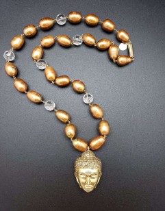 Baroque Pearl, Faceted Clear Quartz Necklace with Inlaid Tourmaline Buddha Pendant