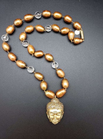 Pearl and Clear Quartz Necklace with Buddha Pendant