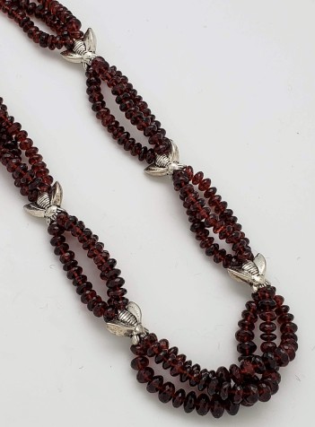 Three-strand Faceted Garnet and Pewter Bees Necklace