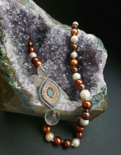 Brown and White Pearl and Clear Quartz with Copper Plated Cubic Zirconia Festoon