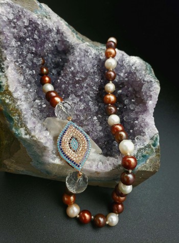 Brown and White Pearl and Clear Quartz with Copper Plated Cubic Zirconia Festoon