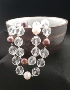 Brown and White Pearl and Clear Quartz with Copper Plated Cubic Zirconia Festoon-2