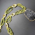 Four-strand Peridot and 24K Gold Foil Oval Bead Necklace with Black Agate Dragon Pendant