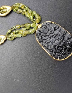 Four-strand-Peridot-and-24K-Gold-Foil-Oval-Bead-Necklace-with-Black-Agate-Dragon-Pendant-2