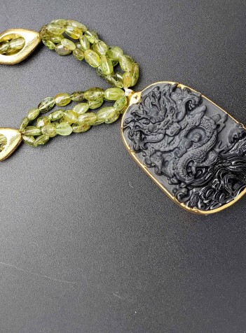 Four-strand Peridot and 24K Gold Foil Oval Bead Necklace with Black Agate Dragon Pendant