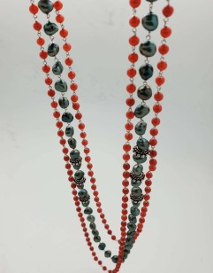 Three-strand Coral, Peacock Green Pearl and Decorative Silver Bead Necklace