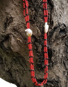 Two-Strand Coral, Black Spinel and Baroque Pearl Necklace