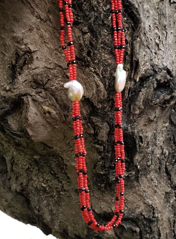 Two-Strand Coral, Black Spinel and Baroque Pearl Necklace