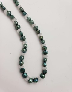Rainbow Moonstone and Peacock Green Pearl Necklace