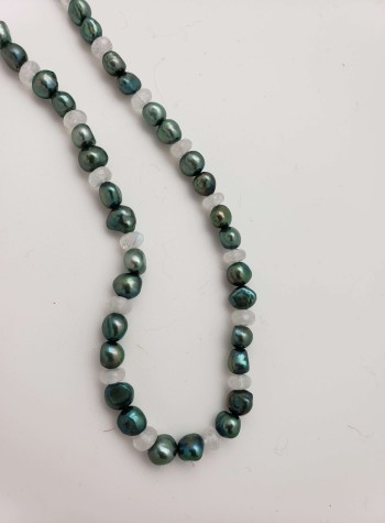 Rainbow Moonstone and Green Pearl Necklace